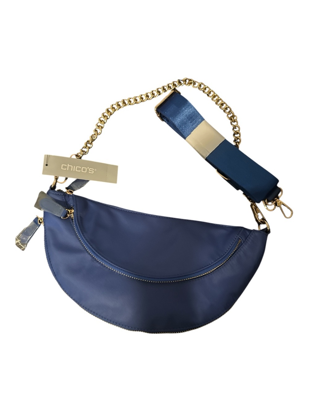 Chico's Blue Crescent Crossbody Bag with Gold Chain Strap NWT
